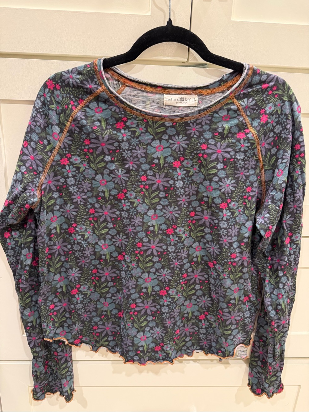 NATURAL LIFE Charcoal Floral Long Sleeve Tee with Pink & Teal Accents